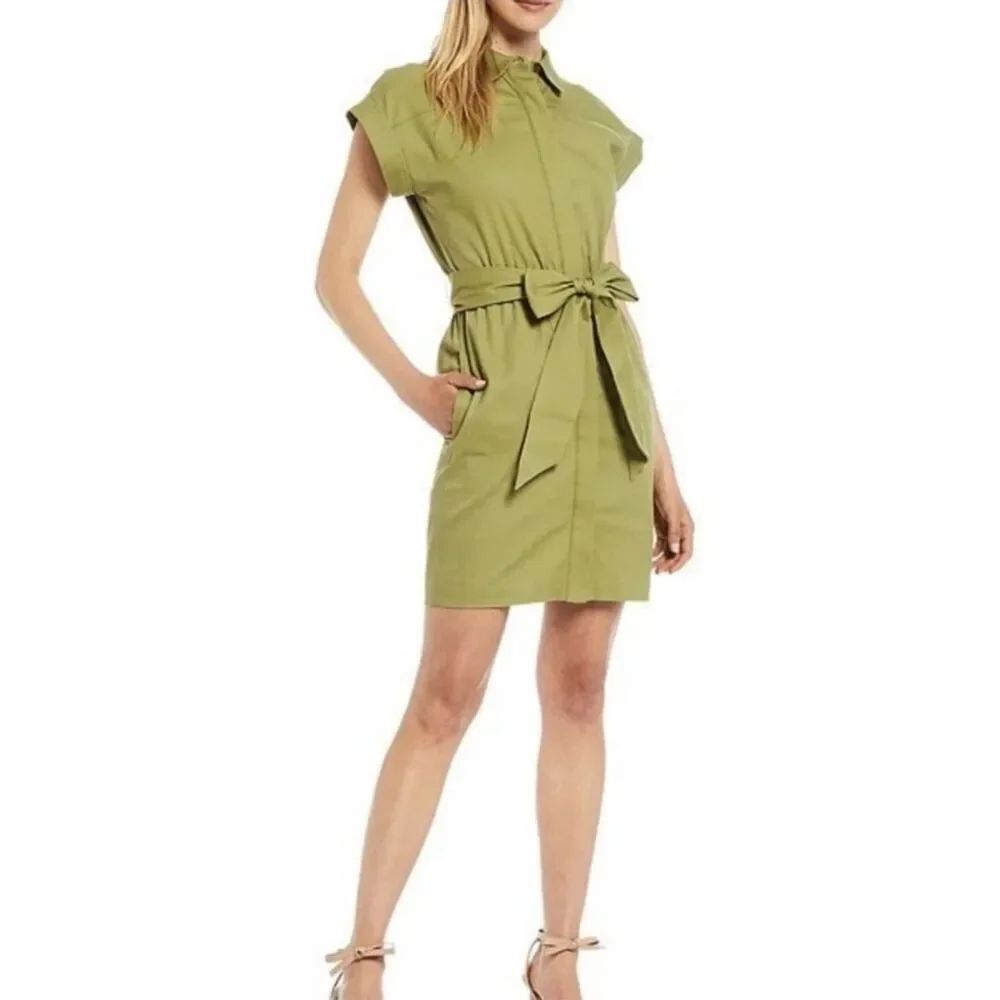 LTD Green Cotton Shirt Dress Women’s Size 2 Tie Waist Utility Minimalist Mini